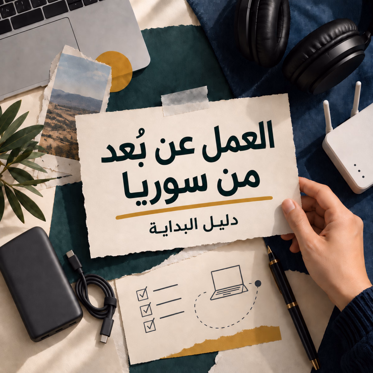 يد تمسك بطاقة كُتب عليها «العمل عن بُعد من سوريا — دليل البداية» وسط حاسوب محمول وسماعات وموجّه إنترنت وبطارية محمولة وكابل شحن وقلم وملاحظات تخطيط.