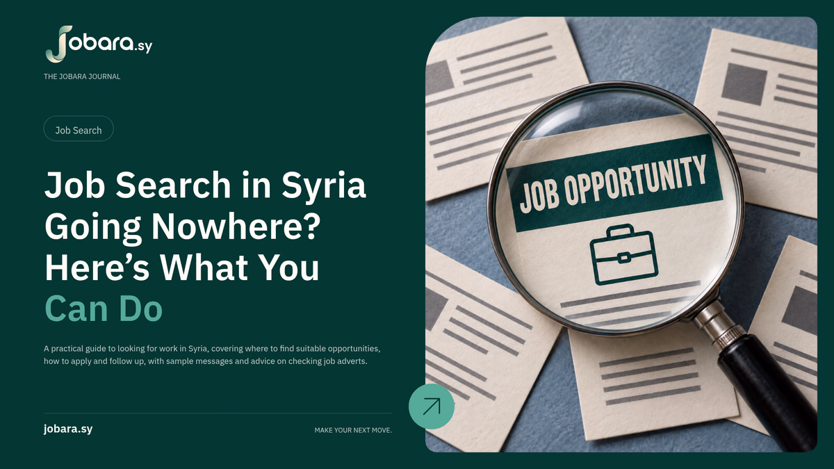 A magnifying glass highlights “Job Opportunity” on a card among other job listings.