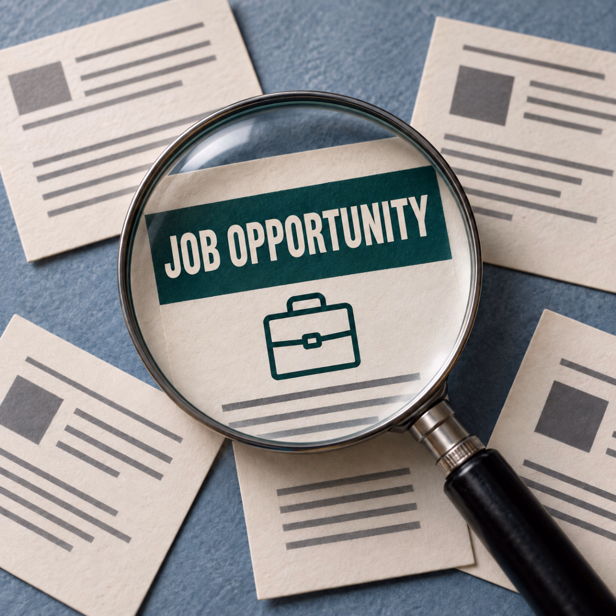 A magnifying glass highlights “Job Opportunity” on a card among other job listings.