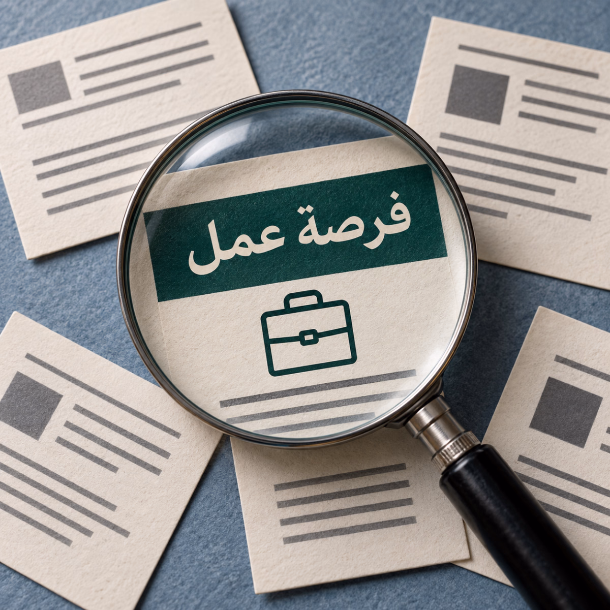 عدسة مكبرة تُبرز عبارة «فرصة عمل» على بطاقة بين مجموعة من إعلانات الوظائف.