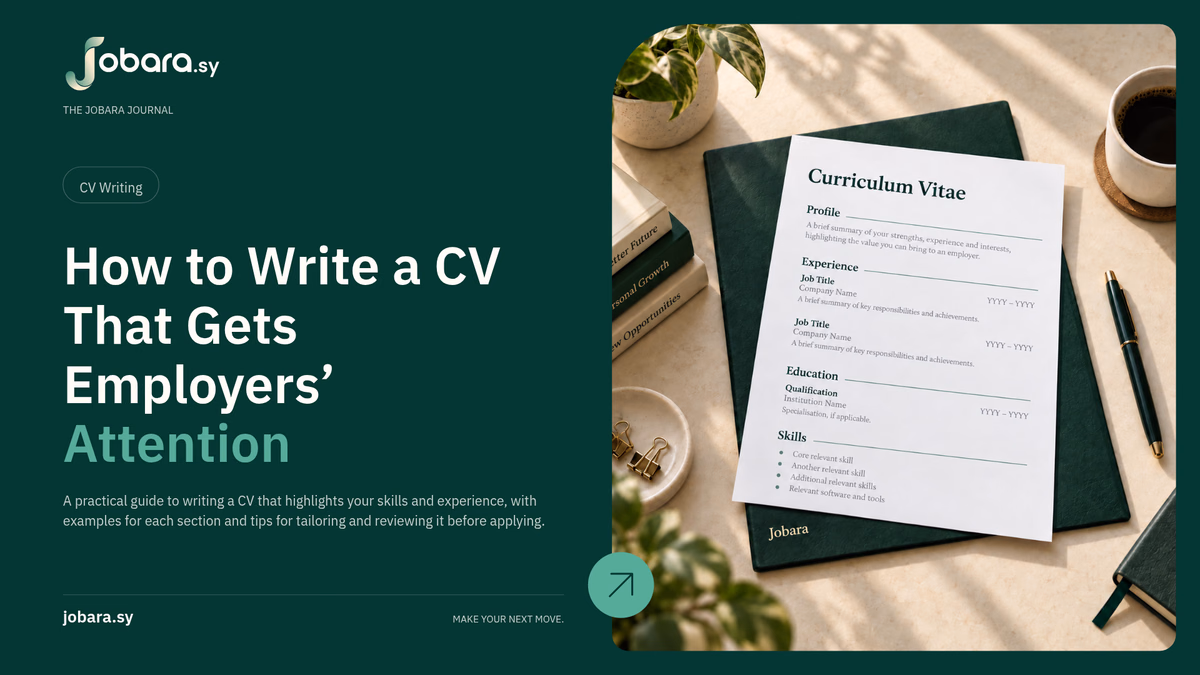 An English CV on white paper, showing profile, experience, education and skills, on a green Jobara folder beside a pen, coffee, books and plants on a cream desk.