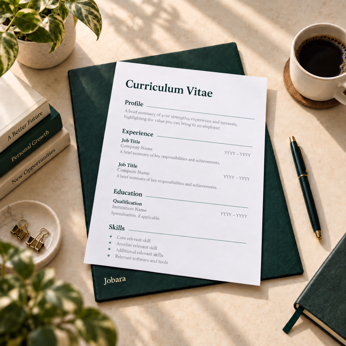 An English CV on white paper, showing profile, experience, education and skills, on a green Jobara folder beside a pen, coffee, books and plants on a cream desk.