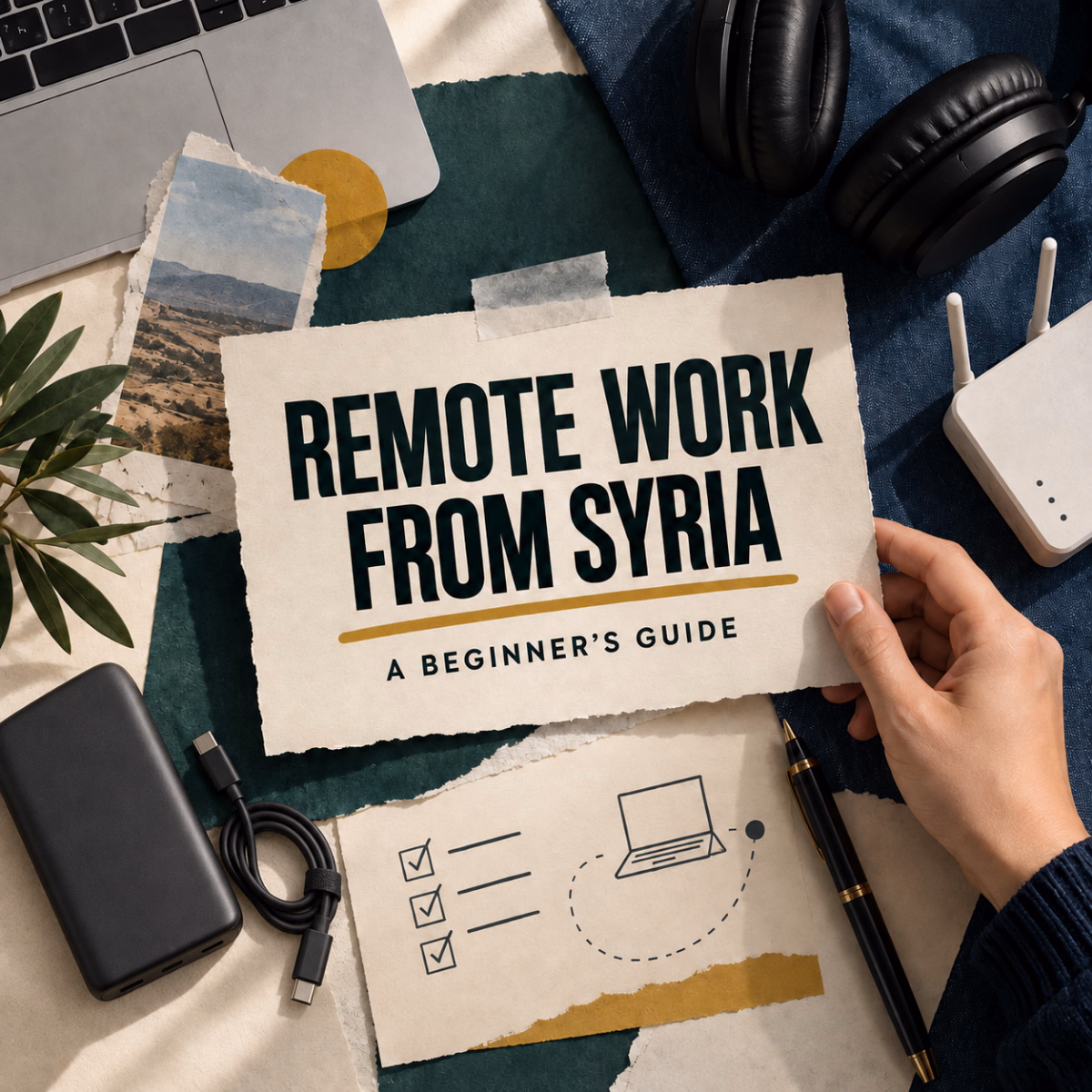 Hand holding a “REMOTE WORK FROM SYRIA — A BEGINNER’S GUIDE” card among a laptop, headphones, router, power bank, charging cable, pen, and planning notes.
