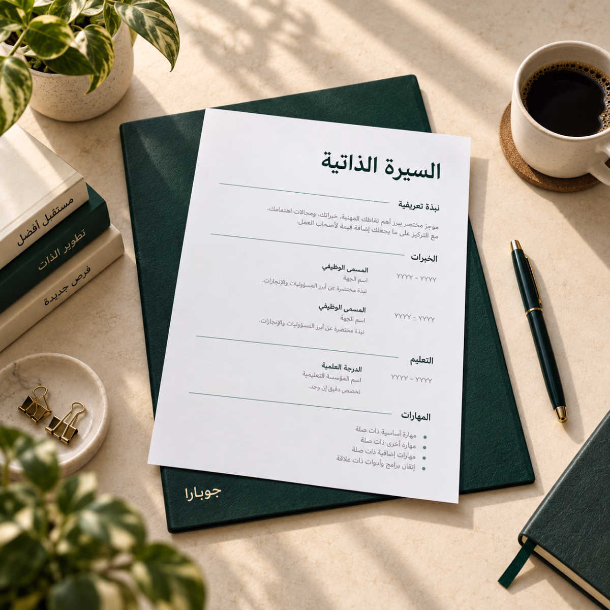 نموذج سيرة ذاتية بالعربية على ورقة بيضاء فوق ملف جوبارا الأخضر، على طاولة كريمية بجانب قلم أخضر وقهوة وكتب ونباتات. تضم الورقة النبذة التعريفية والخبرات والتعليم والمهارات.